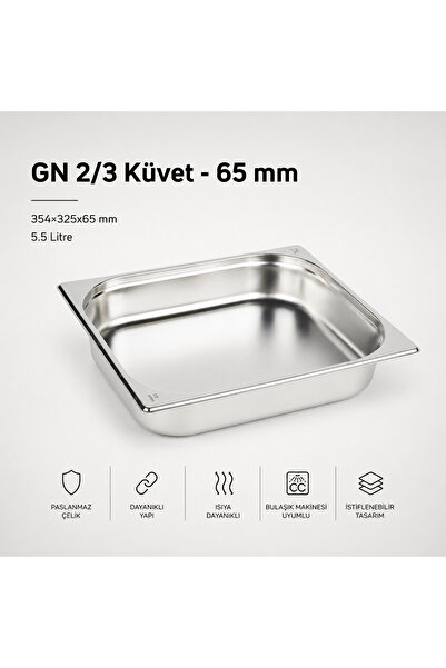 Natsan Paslanmaz Çelik Gastronom/gastronorm Küvet Gn 2/3-65 (35,4 X 32,5 X 6,...