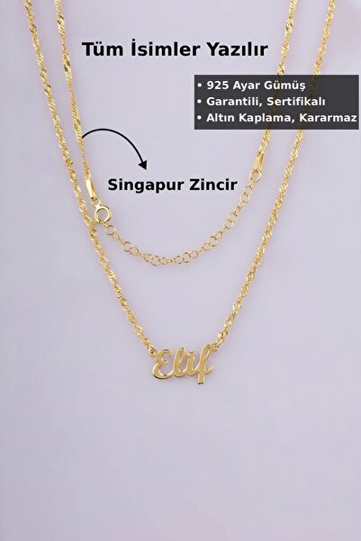 Jewelmim Singapur Zincir İsim Yazılı Gümüş Kolye | Sarı Altın Kaplama 925 Aya...