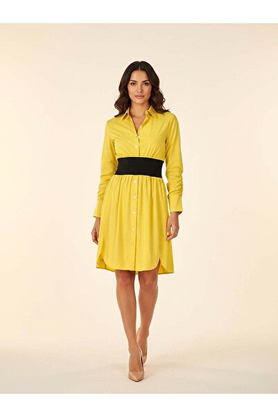 Women's Yellow Cotton Dress – Knee Length, Long Sleeves, Casual Casual Cut | Frn Line
