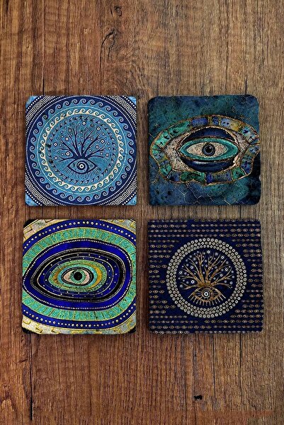 Begoloni Stone Decor Doğal Taş Bardak Altlığı Uv Baskılı 4'lü Set Nazar - Sto...
