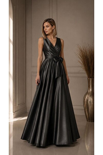 ALYEL NAKER Kruvaze Kapamalı & Kuşaklı Antrasit Gri Tafta Maxi Kolsuz Elbise