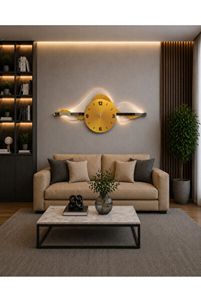 OMATEK SMART TECHNOLOGIES Altın Dalga LED Duvar Saati (65×150 cm) – Şarjlı