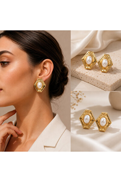 Selay Accessory أقراط هندسية مرصعة باللؤلؤ - أقراط نسائية أنيقة بلون ذهبي