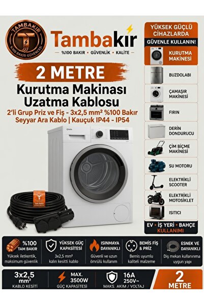 r Rosso Levanto Kurutma Makinası Uzatma Kablosu, 2 m, 2'li Grup Priz ve Fiş, ...
