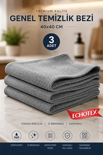 ECHOTEX ( 3 Adet ) Genel Mikrofiber Bez, Mutfak, Tezgah, Araç, Cam Temizlik B...