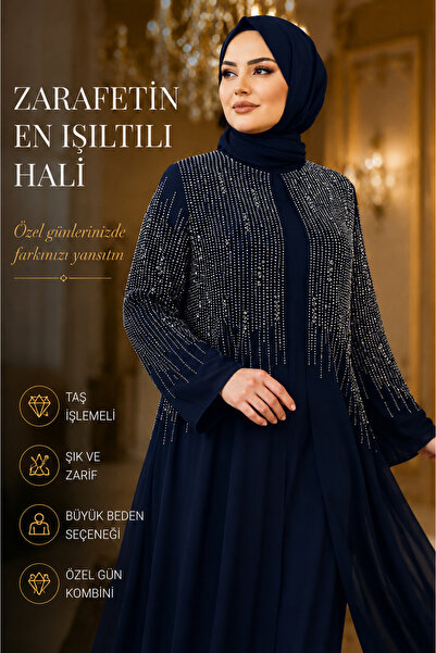 Aynur Tesettür Tesettür Abiye Büyük Beden Taşlı Şık Uzun Kollu Modest Elbise ...