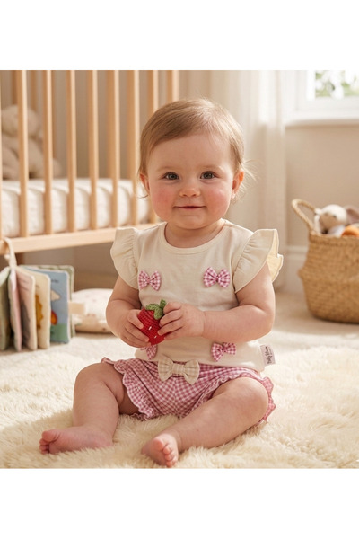 Deco Kids Giyim Eid Summer Girls' Bowknot Cotton T-Shirt and Plaid Shorts Set