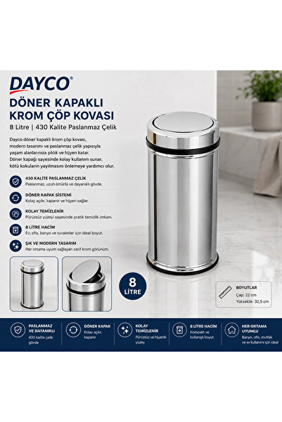 DAYCO Döner Kapaklı 430 Kalite Krom Çöp Kovası 8 L 22*32,5 cm