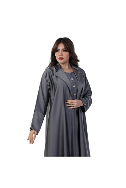 Lamir Two Layers Silk Abaya with Attached, Silver Buttons for a Stylish Look