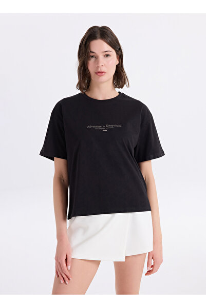 JEEP Siyah Kadın Loose Fit Baskılı T-Shirt J6SL-TST7179