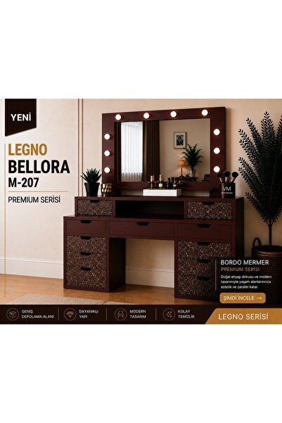 VM VERTEX MOBİLYA LEGNO BELLORA PREMIUM AYNALI BORDO MERMER DESENLİ MAKYAJ MA...