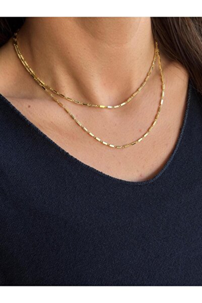 Luseda Gold Renk Çift Sıra Dikdörtgen Detaylı 40+5 cm Ayarlanabilir Zincir Kolye