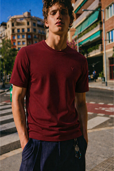 Maccali Men's 100% Cotton Basic Claret Red Short Sleeve T-Shirt