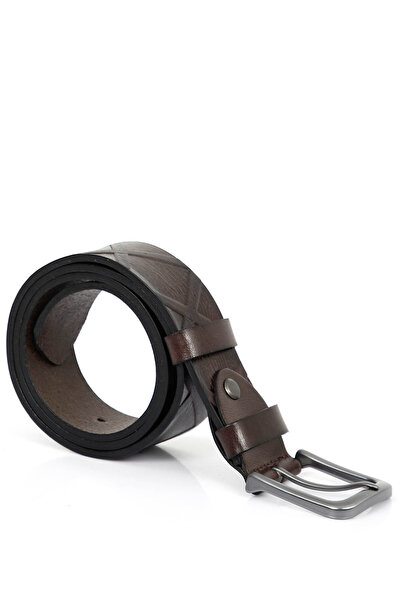 GÖNDERİ(R) Men's Brown Antique Genuine Leather 4 cm Printed Jeans Belt