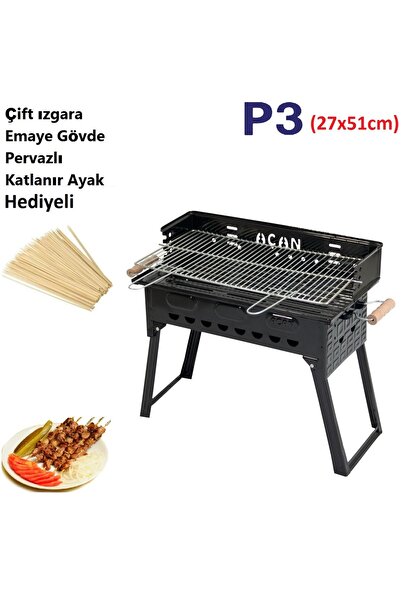Açan Pervazlı Emaye Mangal P3 Battal Boy Barbekü Çift Kömürlü Izgara Katlanır...