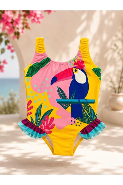 My Kids Wear Kuş Baskılı Tüllü Desenli Kız Çocuk Mayo