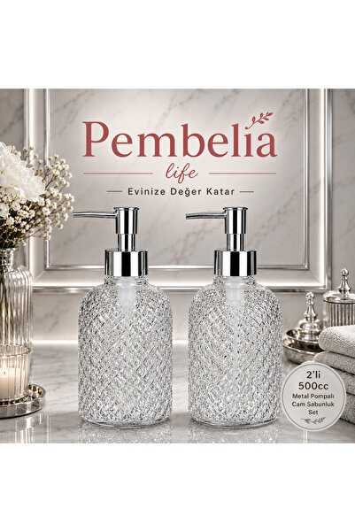 Pembelia Life 2 Adet Lüks Cam Sıvı Sabunluk Bulaşık Deterjan Şışesi Sabunluk Set