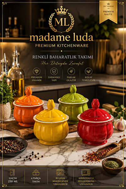 MADAME LUDA Porselen Baharatlık Takımı.8 Parça Renkli Kapaklı Baharat Seti-(K...