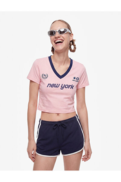 Koton Tricou din bumbac, slim fit, cu decolteu în V, cu mânecă scurtă, cu imp...