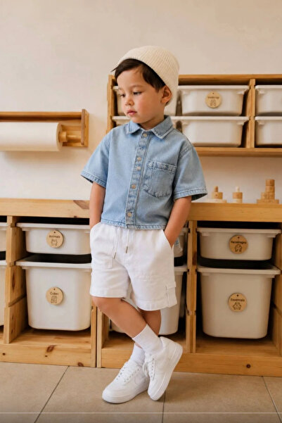 Kidmark Çocuk Modası طقم شورت دينم أبيض للأولاد من قطعتين