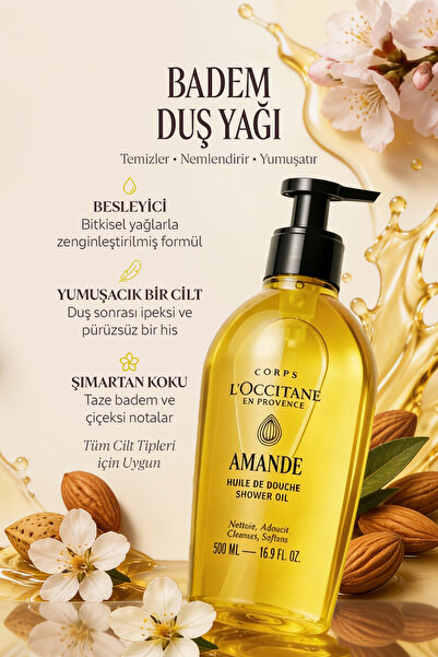 L'Occitane Badem Duş Yağı, Tatlı Badem ve Üzüm Çekirdeği Yağı İçeren Besleyici ve Nemlendirici, Omega 6 ve 9, 500 ml