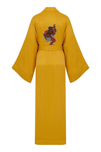 Saraswati Society Sarı Viskos Ipek Sırt Kaplan Nakış Desenli Kimono