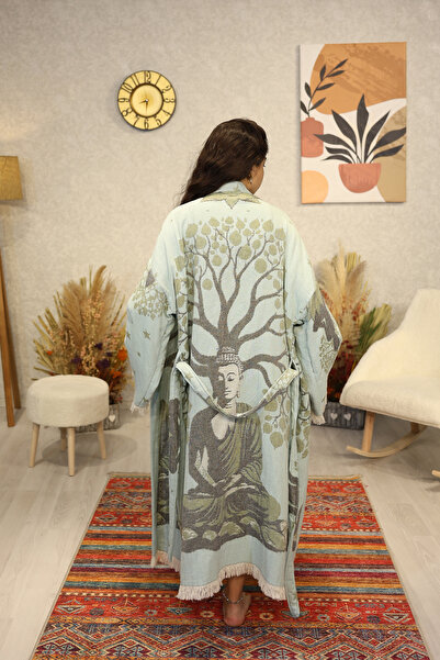 Befera Design Müslin Kimono %100 Pamuklu Ağaçlı Buda Desenli Jakarlı Bornoz K...