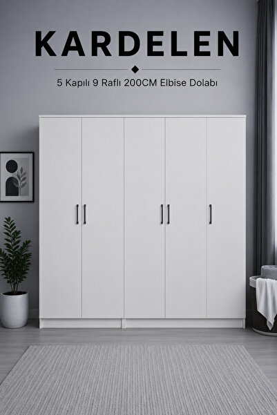 midoser Kardelen Serisi Mat Beyaz 5 Kapaklı 9 Raflı Elbise Dolabı 200 Cm - Ga...