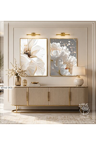 Tablomtr Beyaz Düş - Dijital Baskılı Gold Metal Çerçeveli Gerçek Camlı 2'li D...