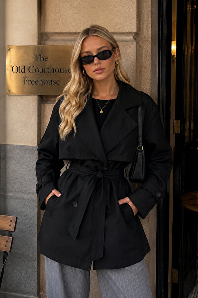 Black Fashion Kuşak Detay Basic Siyah Trençkot
