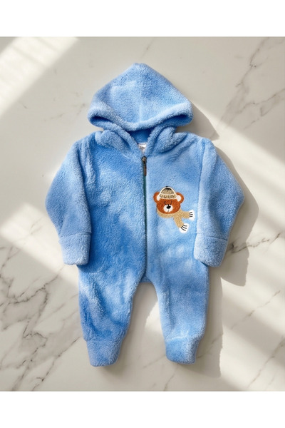 Hirazenmoda Bebek Peluş Tulum Ayıcık Desenli Kapüşonlu Fermuarlı Kışlık Model
