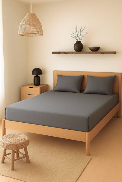 nefisenem Anthracite Color Fabric Elastic Bed Sheet + 2 Pillowcases - King Size