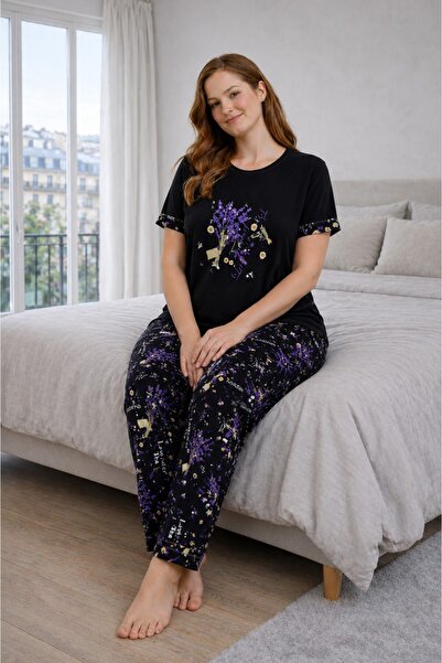CALERA Büyük Beden Kadın Kısa Kollu Pijama Takımı Siyah, Çiçek Desenli Rahat ...
