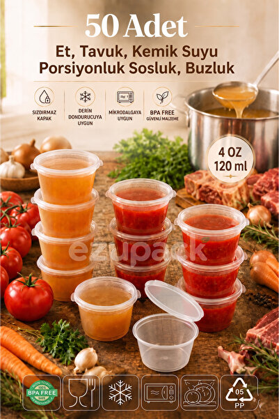 Ezupack 50 Adet Sızdırmaz 120 ml Mini Saklama Kabı Sosluk Buzluk Kabı, Et Suy...