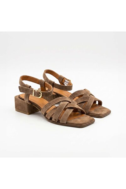 SİBA SHOES Aven Genuine Suede Leather Ankle Strap Camel Heeled Shoes