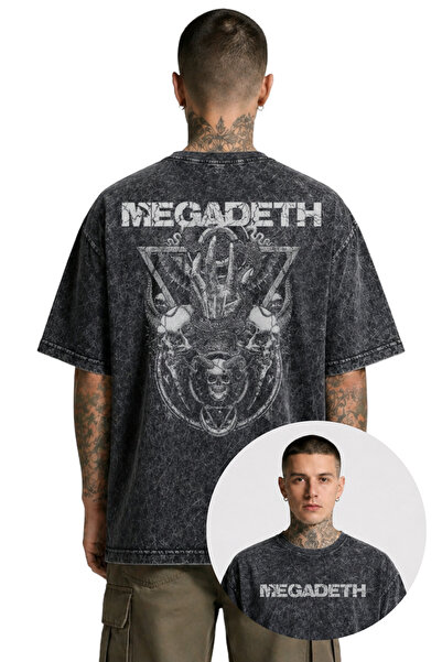Fuddy Moda Tricou lavabil cu imprimeu pe spate Megadeth cu schelet supradimen...