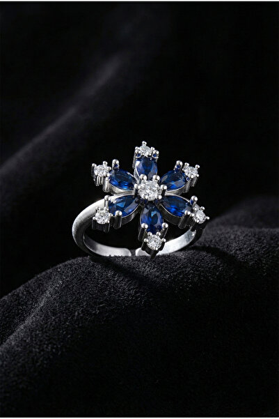 Roza Silver 925 Ayar Safir Taşlı Rodyum Lotus Çiçeği Ayarlanabilir Gümüş Yüzük