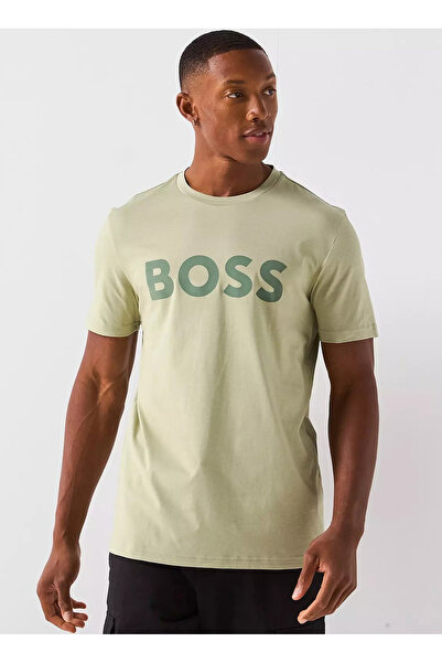 BOSS Açık Haki Erkek Regular Fit Yazı Baskılı T-Shirt Thinking