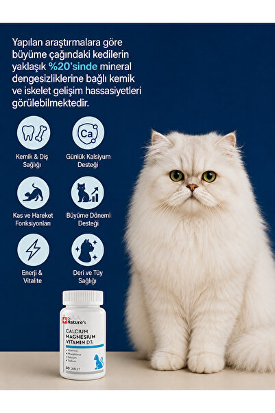 Dr. Nature's Kediler İçin Kalsiyum + Magnezyum + D3 Vitamini – Kemik ve Diş Desteği (30 Tablet)