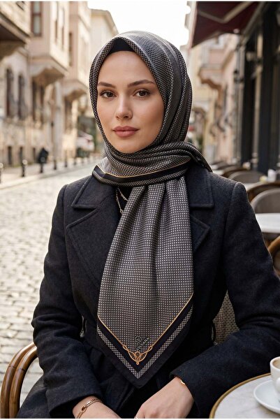 Vissona %100 Twill İpek Minik Motif Desenli Siyah - Siyah Renkli 90x90 Eşarp ...