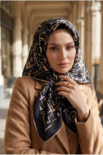 Vissona %100 Twill İpek Soyut Geometrik Desenli Gold - Gri Renkli 90x90 Eşarp...