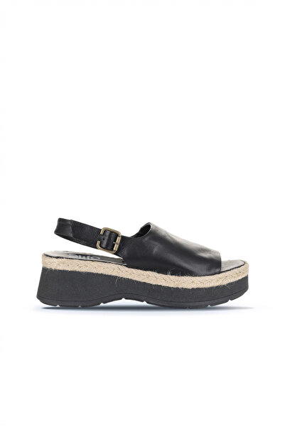 Bueno Shoes Μαύρα δερμάτινα γυναικεία φλατ σανδάλια 01wy8208