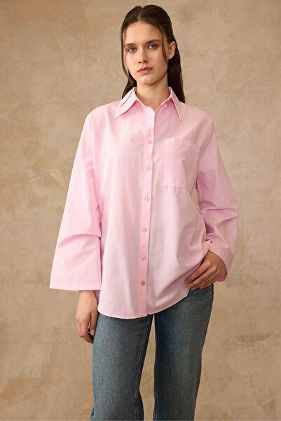 Olcay Spanish Style Loose Cotton Shirt Pink 9365