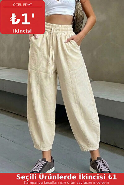 COMBİNE MİCHAİL Pantaloni shalwar ecru cu talie elastică pentru femei