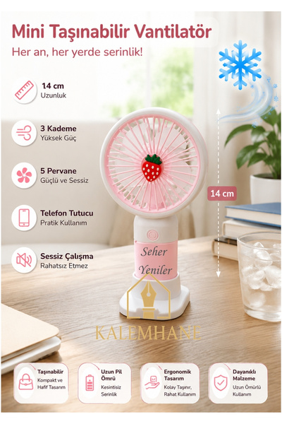kalemhane Kişiye Özel Mini El Fanı- 3 Kademeli 5 pervaneli Turbo Güç Çilek