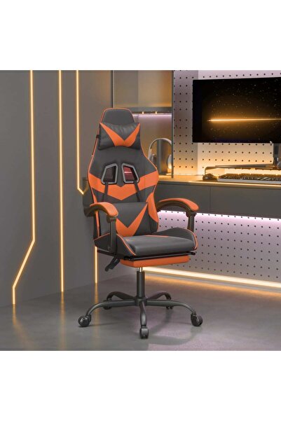 Concept Scaun de gaming cu suport picioare, negru/oranj, piele