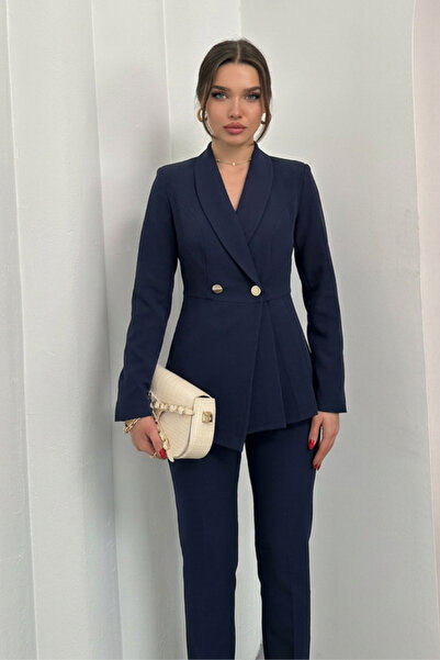 AKD Atelier Blazer dublu pentru damă, pantaloni, costum cu pliuri și detaliu ...