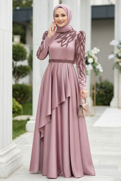 Neva Style Boncuk İşlemeli Lila Saten Tesettür Abiye Elbise 22671LILA
