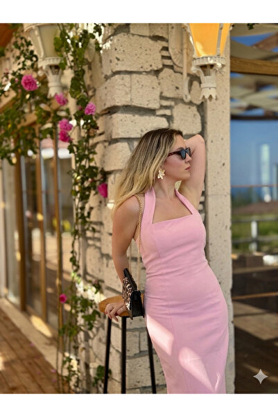 Glysso Halter Yaka Yırtmaçlı Midi Elbise Pembe