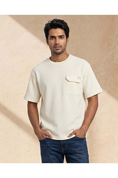 REDTAG Men Ivory Jacquard T-Shirt With Pocket